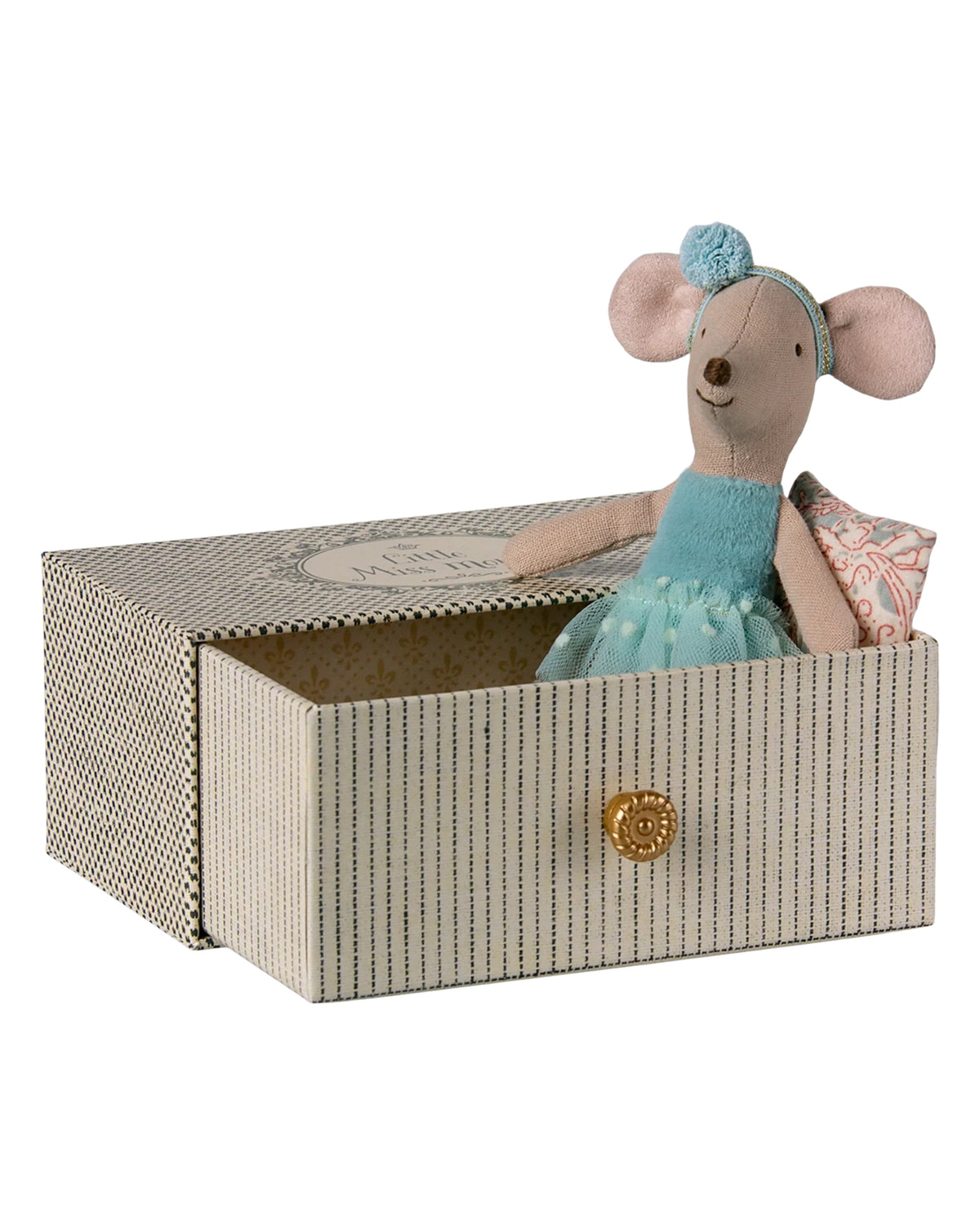 Maileg Dance Mouse Little Sis in blue tutu sits with pillow on gold-knob daybed, Bungalow Furniture & Accessories.