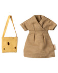 Brown plaid short-sleeve doll dress with yellow felt purse, Maileg Mum Mouse collection at Bungalow Furniture.