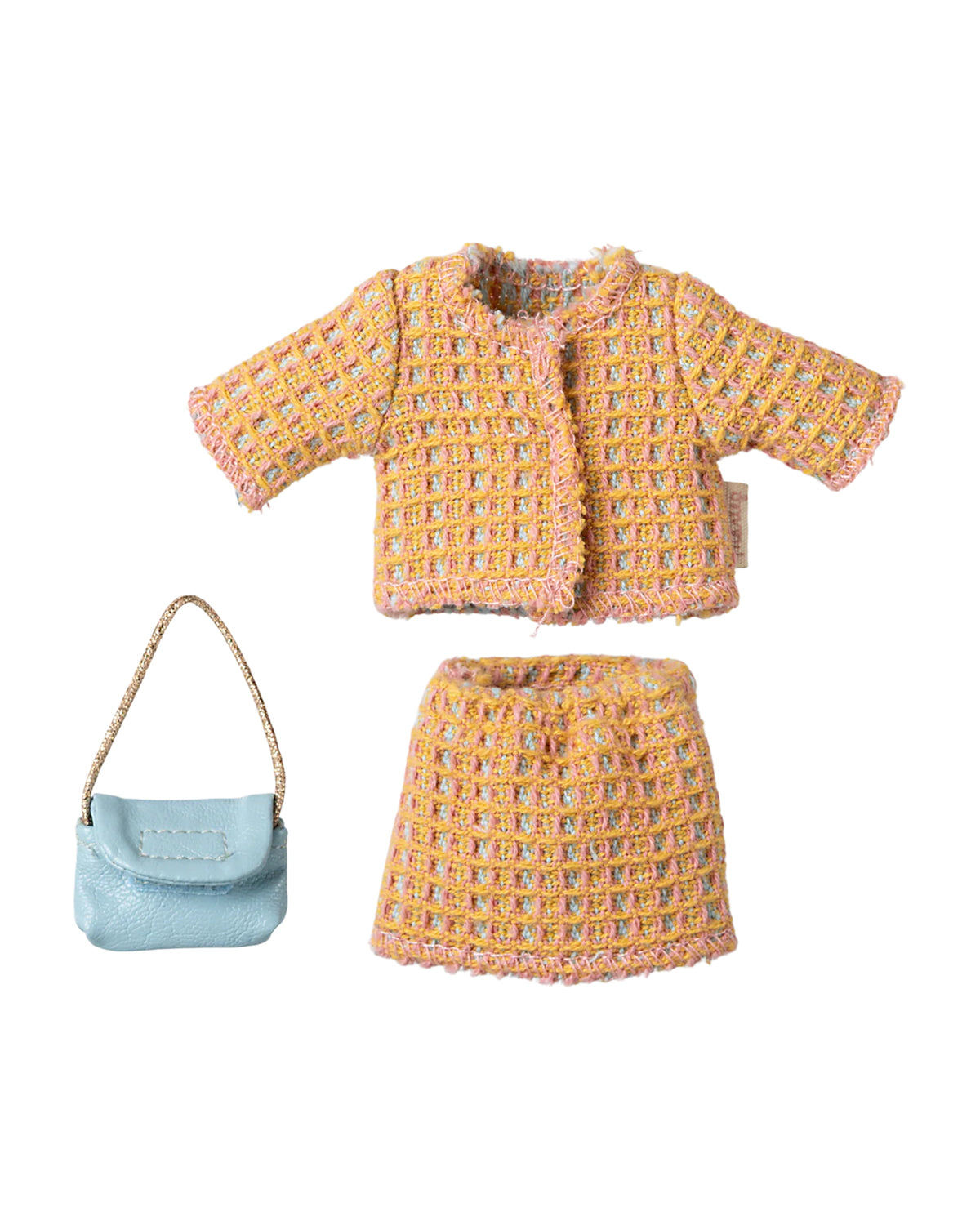 The Maileg Mum Suit by Maileg is a three-piece set featuring a pink and yellow woven jacket, matching skirt, and a small light blue mouse lady bag with a gold chain strap.