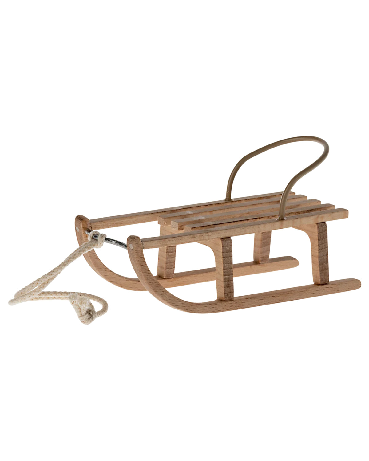 Maileg wooden mouse sled with metal handle and pull rope.