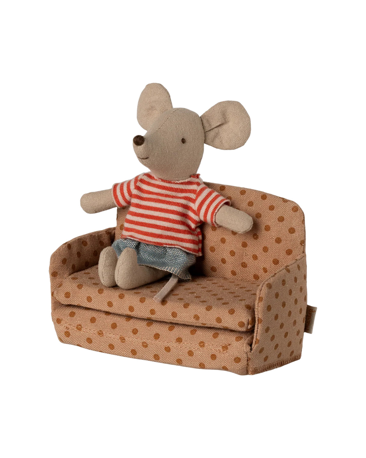 The Maileg Sofa Bed by Maileg adds charm to any SuitCasa living room, featuring a brown polka-dotted foldable design perfect for displaying your favorite plush toys.