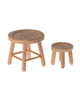 The Maileg Table & Stool set by Maileg features a charming wooden table and matching stool with round seats and four legs, ideal as mouse furniture or mice accessories and perfect for imaginative play on a white background.