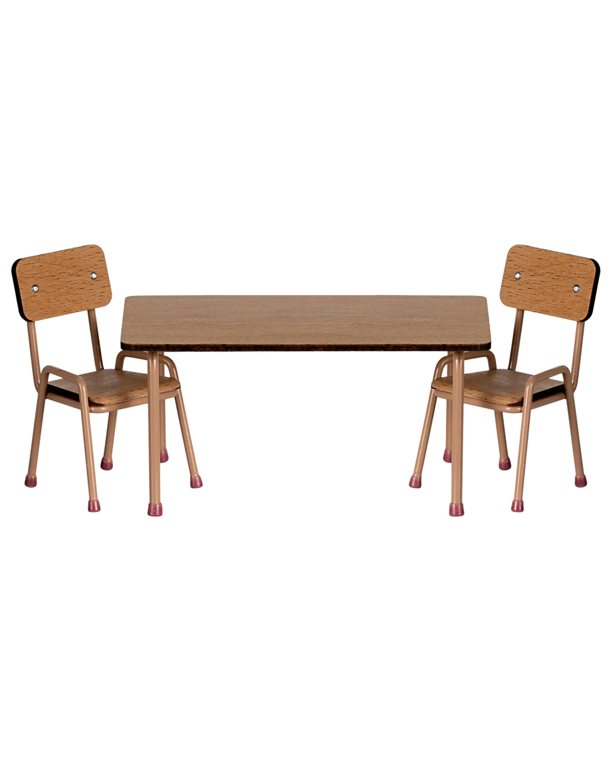The Maileg Table and Chairs set features two small beech wood chairs with metal legs and a matching rectangular table—perfect for adding minimalist charm to any Mouse hole Farmhouse décor.