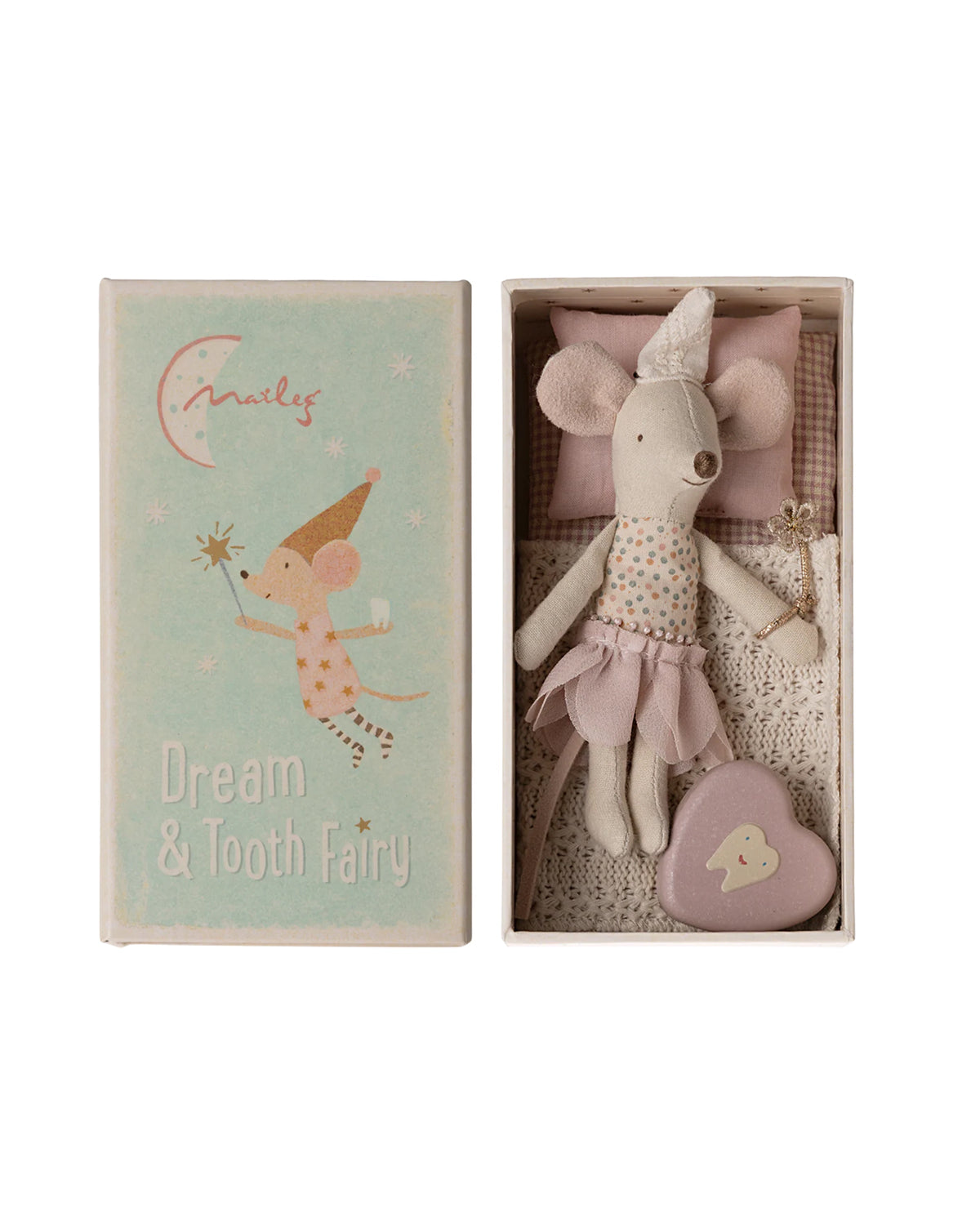 Maileg Tooth Fairy Mouse in fairy outfit with matchbox and heart-shaped tooth box by Maileg, whimsical nursery decor.