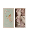 Maileg Tooth Fairy Mouse in fairy outfit with matchbox and heart-shaped tooth box by Maileg, whimsical nursery decor.