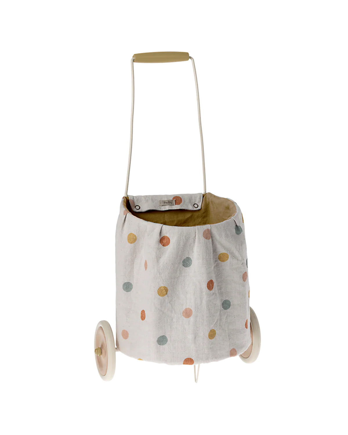 The Maileg Trolley by Maileg is a small toy shopping cart with a cream handle, frame, white wheels, and a linen basket featuring multicolored polka dots. Its easy-to-wash material ensures simple cleanup after playtime.