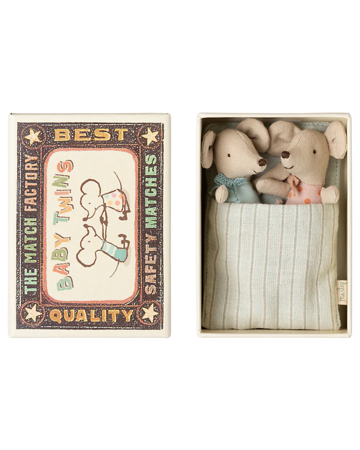 Maileg’s “Twins, Baby mice in matchbox” gift features twin baby mice snuggled under a striped blanket in a vintage-style box labeled "Baby Twins—The Match Factory," decorated with two mouse illustrations.
