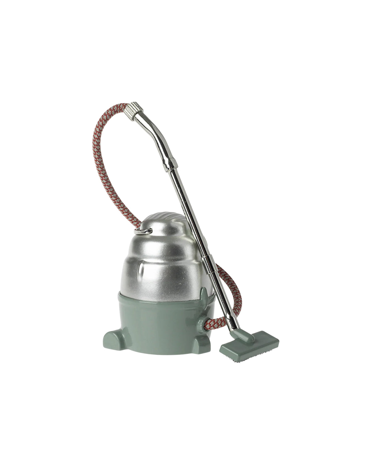 Metal Maileg Vacuum Cleaner with green base and red hose on white background, by Bungalow Furniture &amp; Accessories.