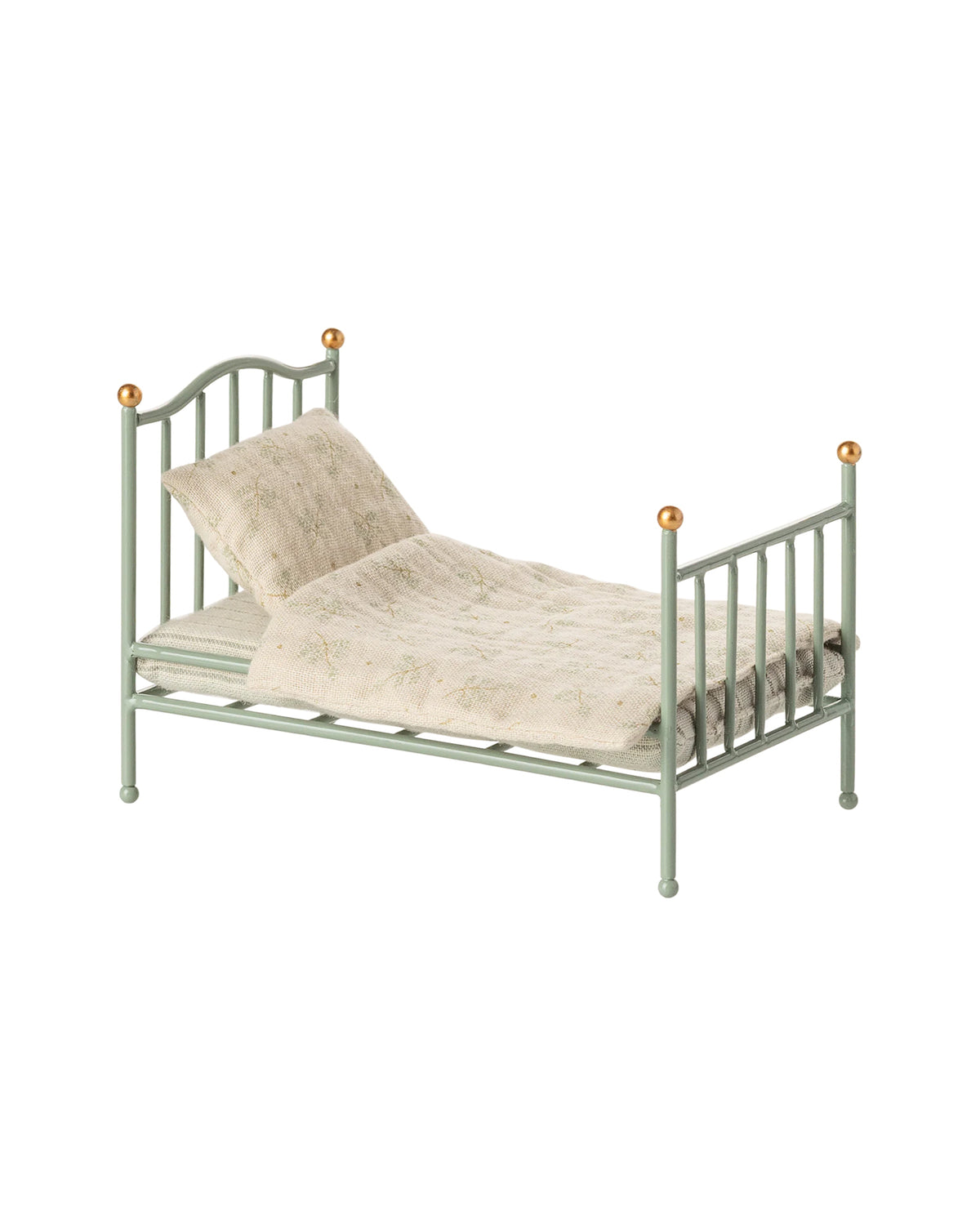 Maileg vintage single bed with bedding, beige pillow, and blanket, classic style for kids rooms.