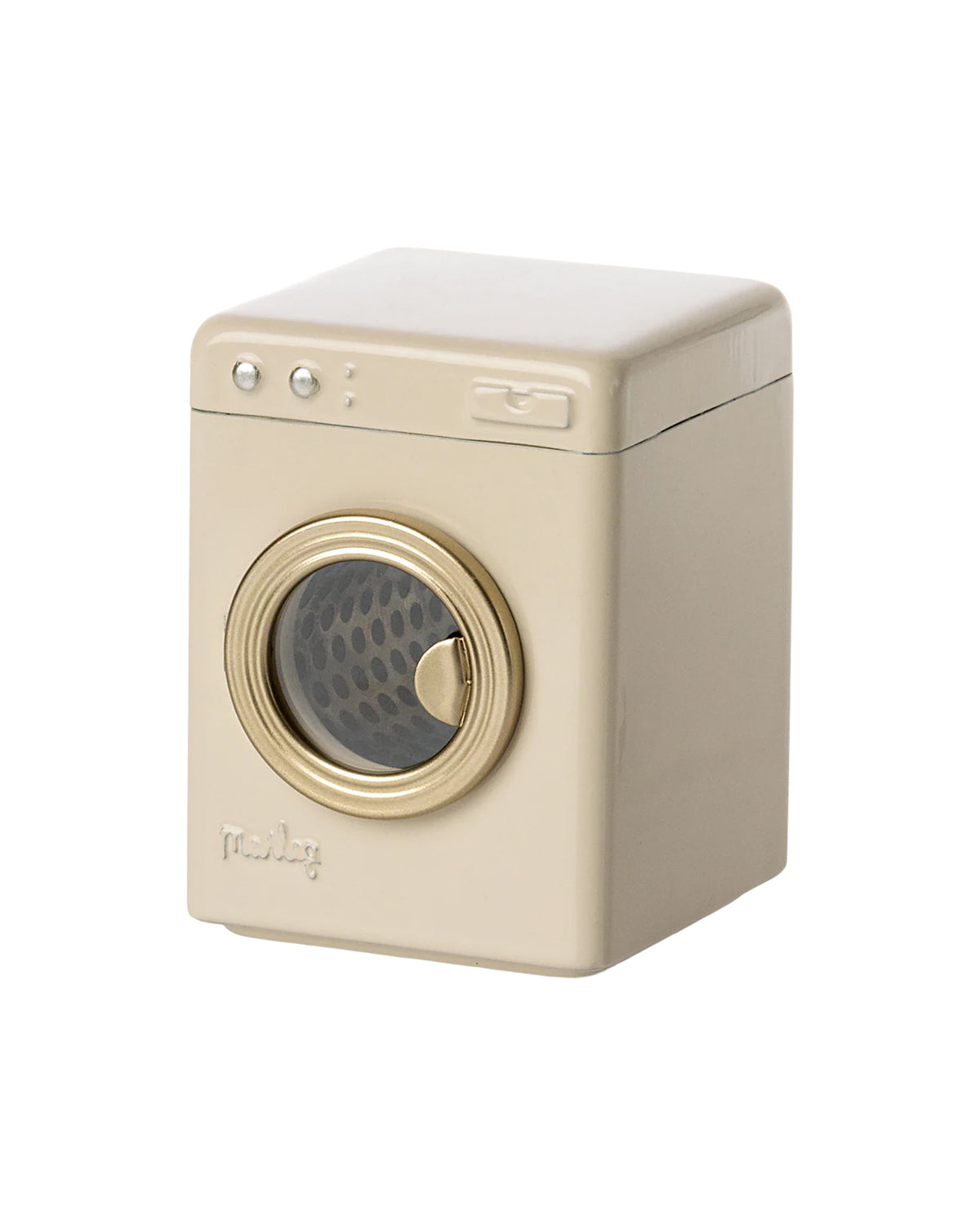 The Maileg Washing Machine by Maileg is a small, beige, rectangular toy with a gold-rimmed round door and top buttons—an adorable addition for imaginative laundry adventures with your mouse family. Photographed on a white background.