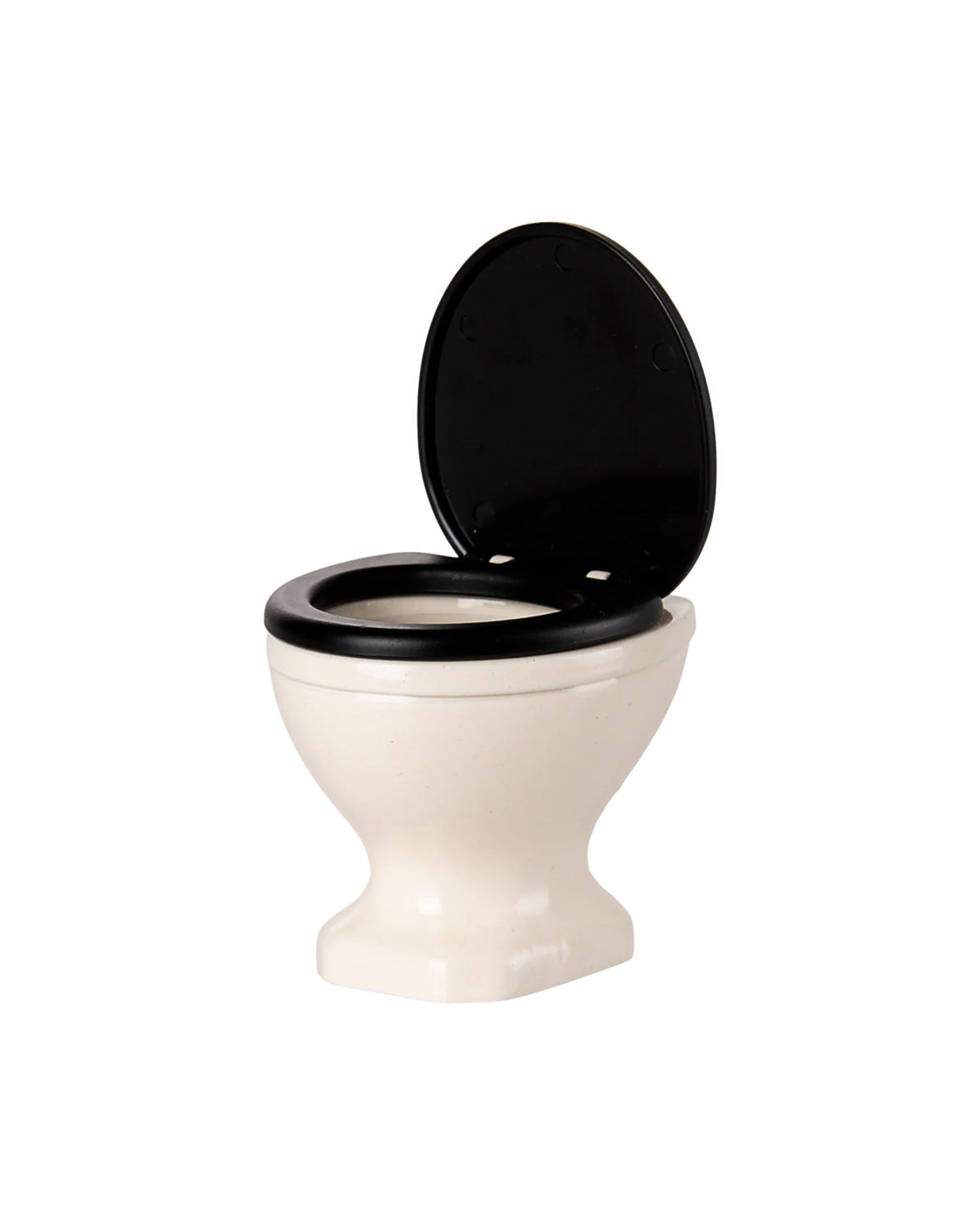 Off-white Maileg mouse WC with black seat and lid, open, displayed against a plain white background.