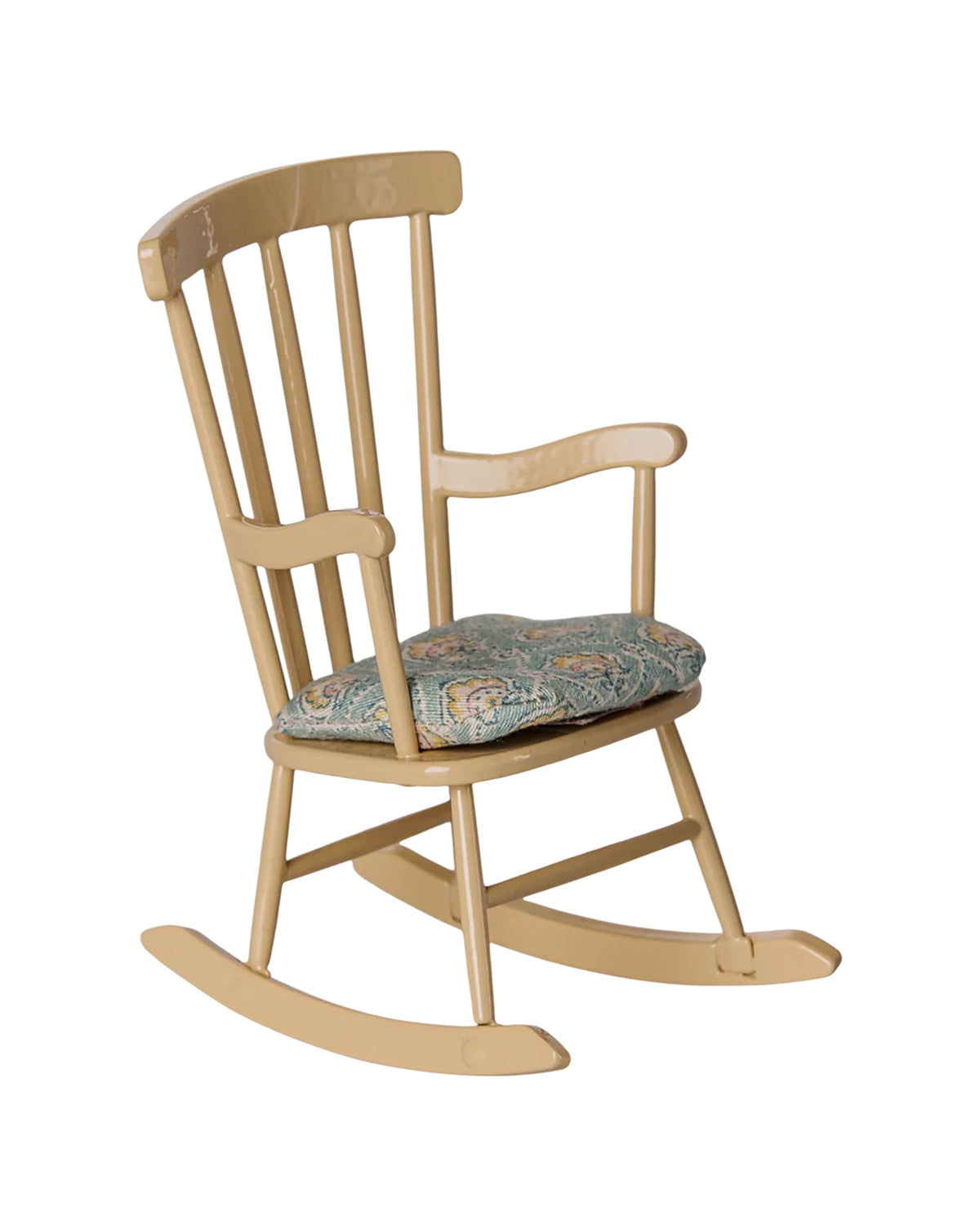 Wheat-colored Maileg rocking chair with a patterned cushion for the Mouse Hole Farmhouse, from Bungalow.