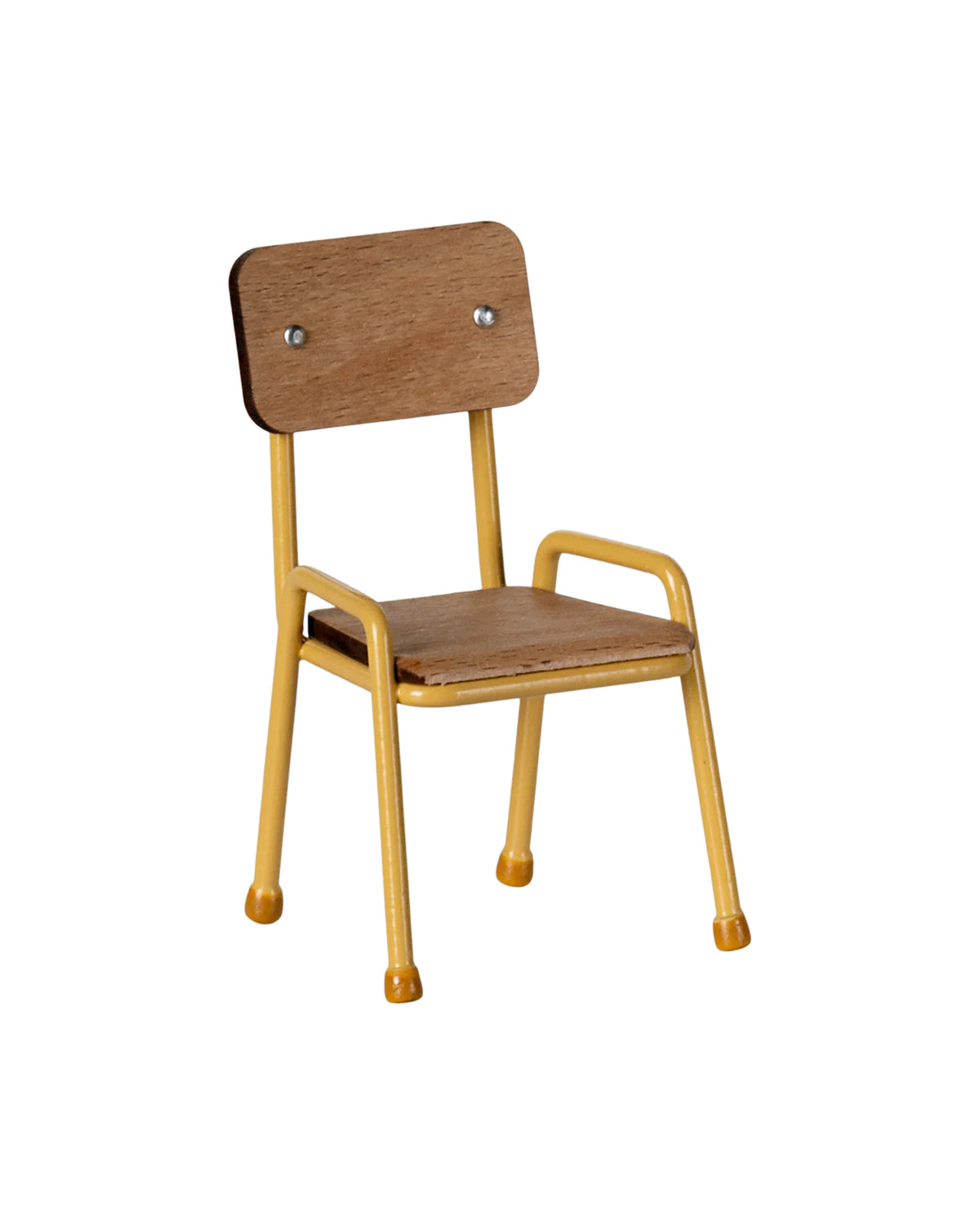 The Maileg Yellow Chair by Maileg features a small wooden seat and rectangular backrest, with yellow hand-painted metal legs and armrests, recalling vintage school chairs. It is shown isolated on a white background.