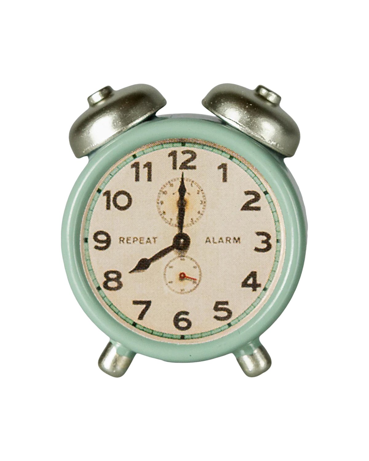 Maileg mint green alarm clock with metal bells set to 7:00, styled in Mouse Hole Farmhouse decor.