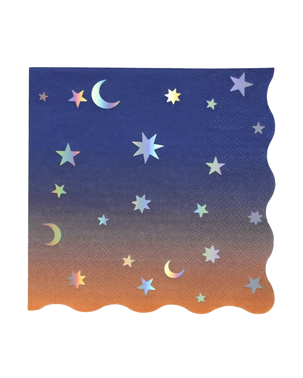 The Faire Making Magic Star Large Napkins feature a blue-to-orange ombre background, scalloped edges, and iridescent stars and moons—ideal for wizard-themed decor or as unique Halloween party napkins.