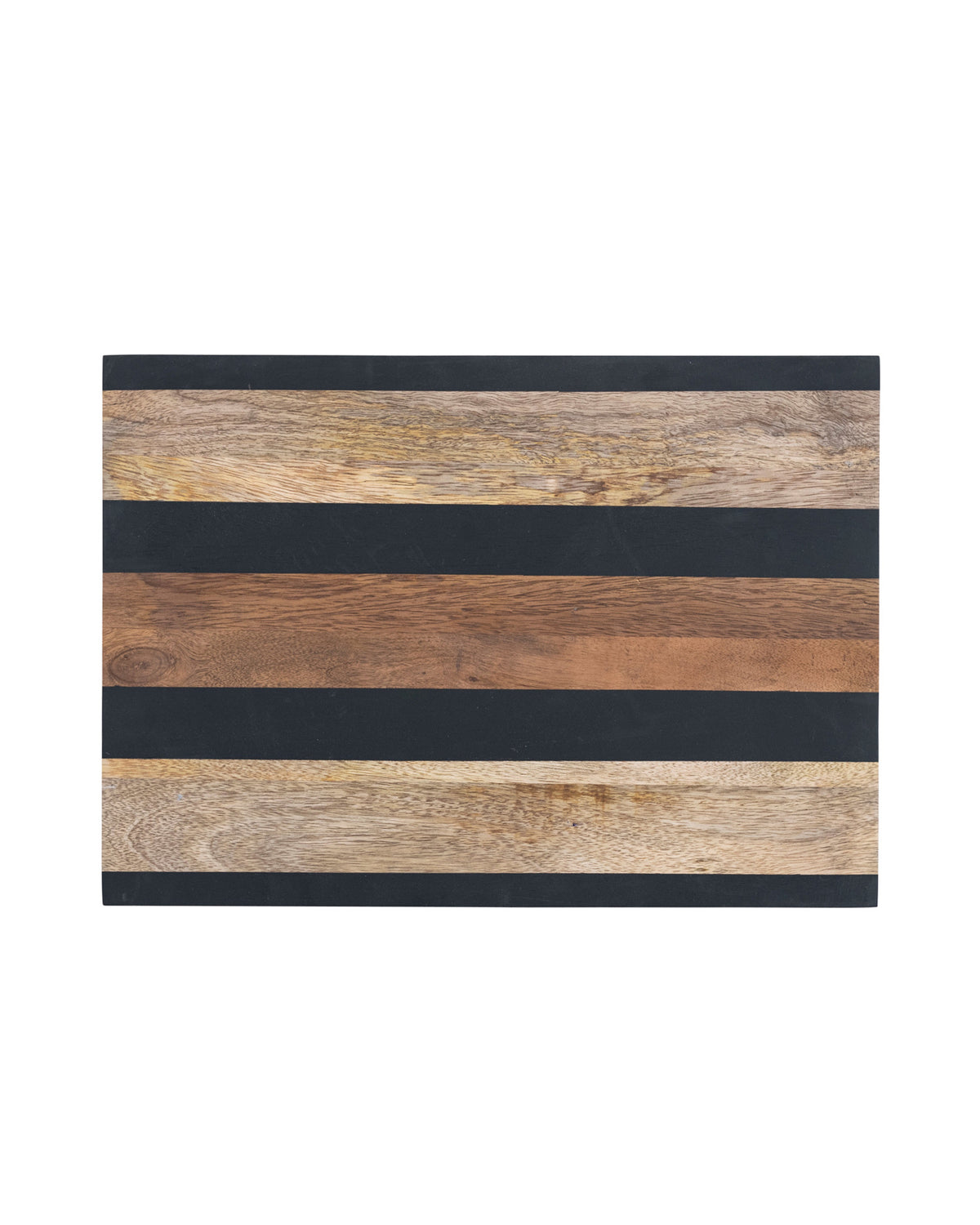 The Bloomingville Mango Wood Serving Board features alternating natural and black horizontal stripes, offering a stylish touch as a cutting board or serving tray.