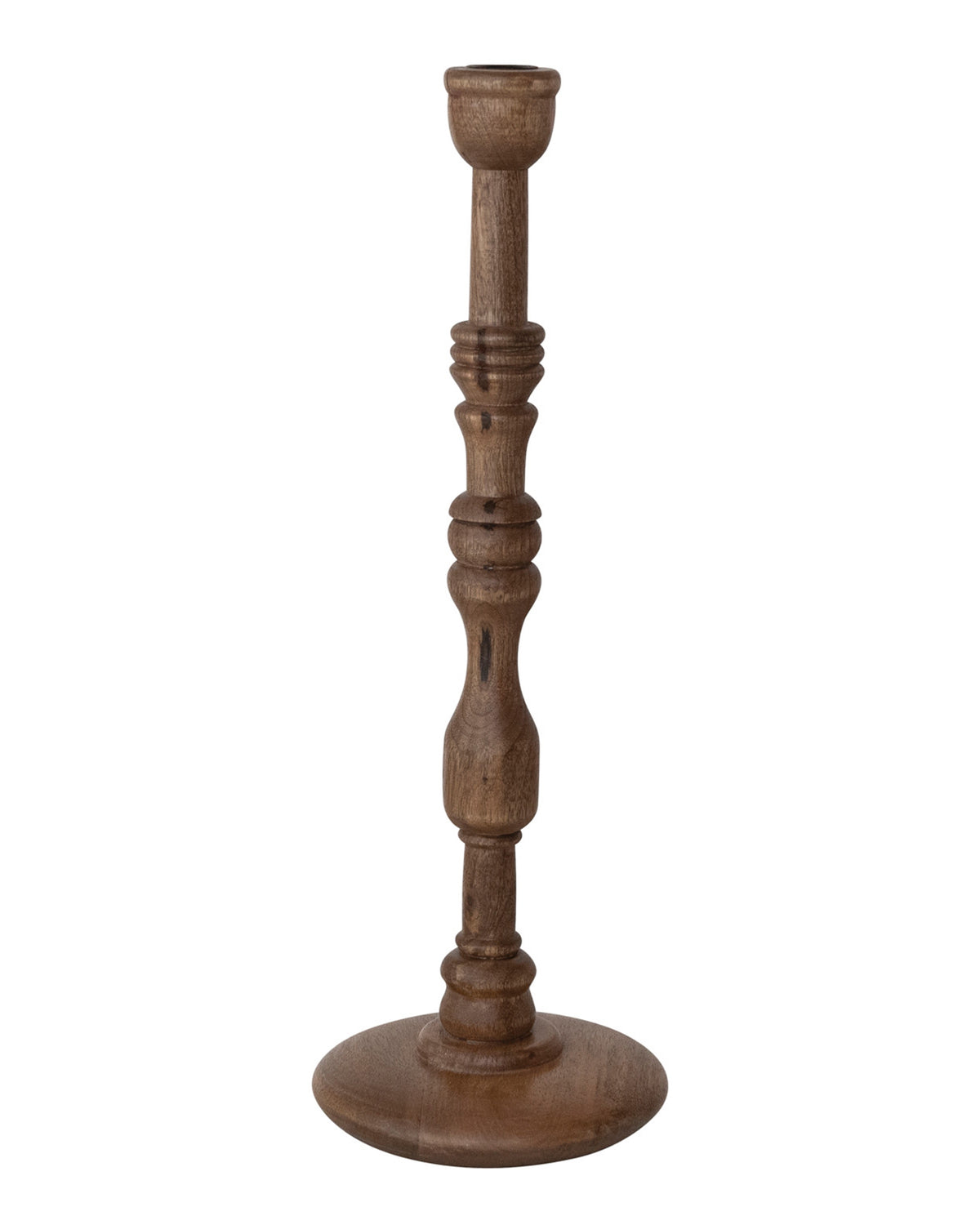 The Creative Co-op Mango Wood Taper Holder features a round base, a turned and carved stem, and a small cup at the top to hold a taper candle.