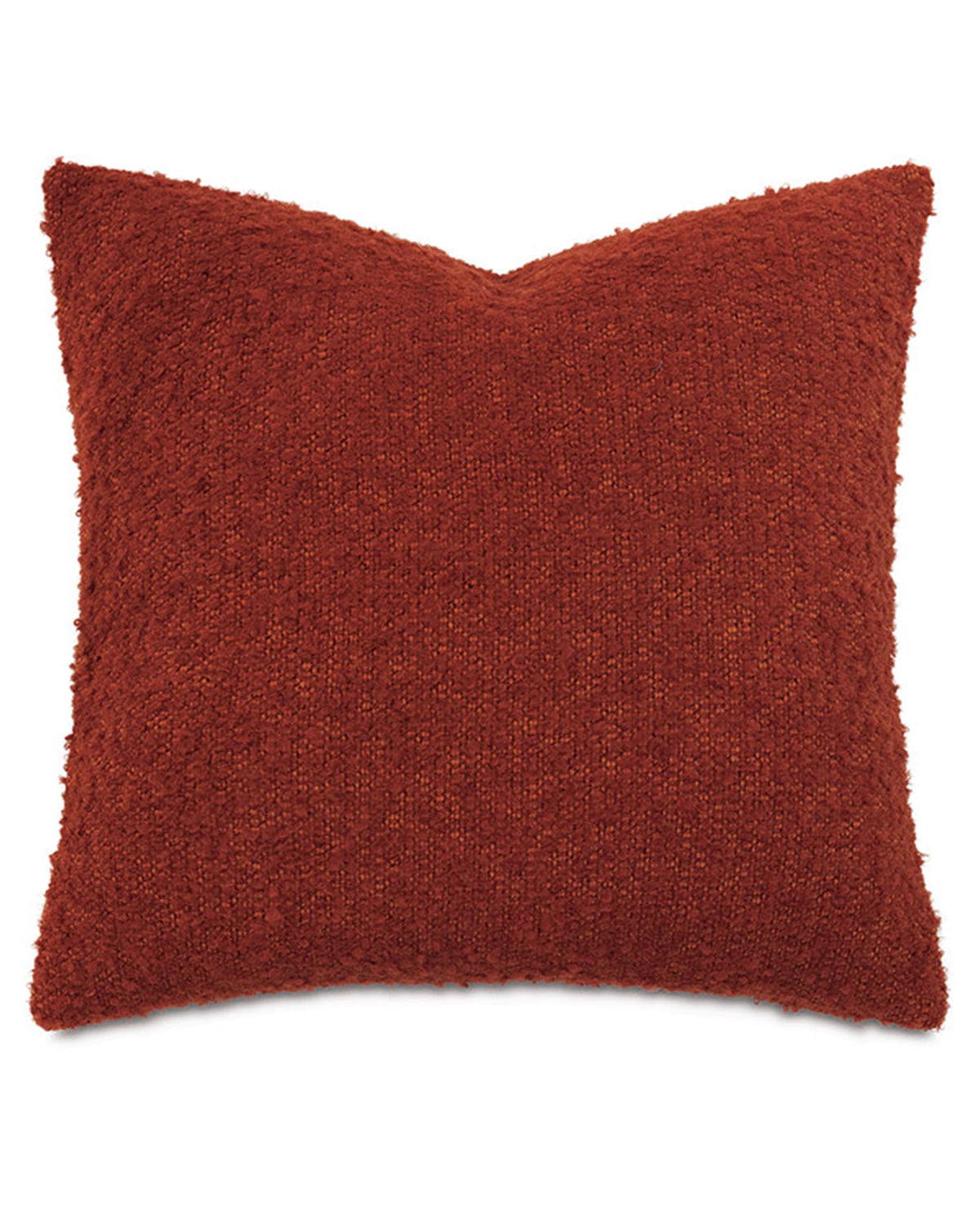 Rust-colored square pillow with boucle texture, indented top corners, by Eastern Accents, MARL Brick collection.