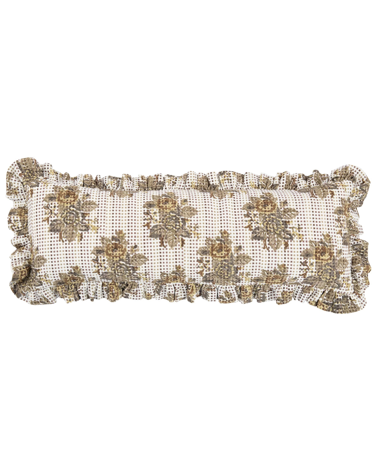 Rectangular linen pillow with ruffled edges in earthy Marseille Mud, by Filling Spaces, French-inspired style.