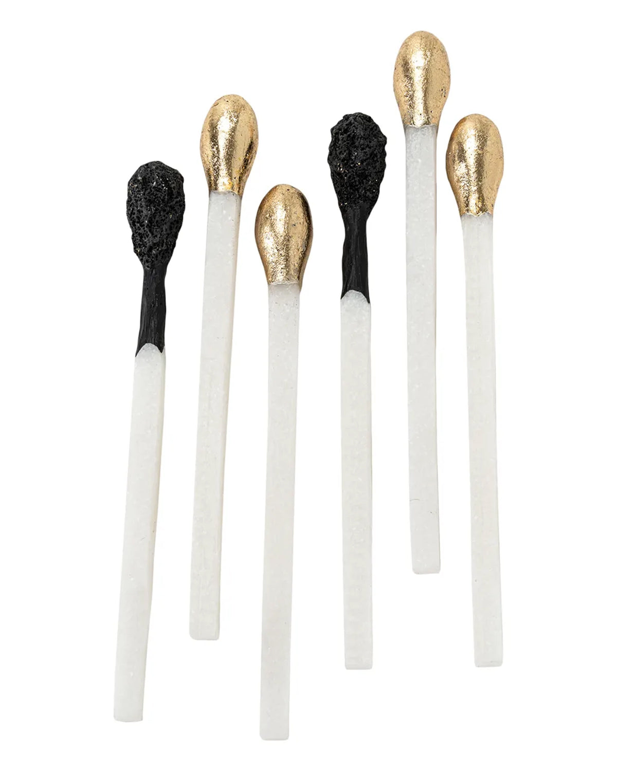 Six Matchstick Sculptures with white stems and metallic gold or textured black tips by Bungalow Furniture &amp; Accessories.