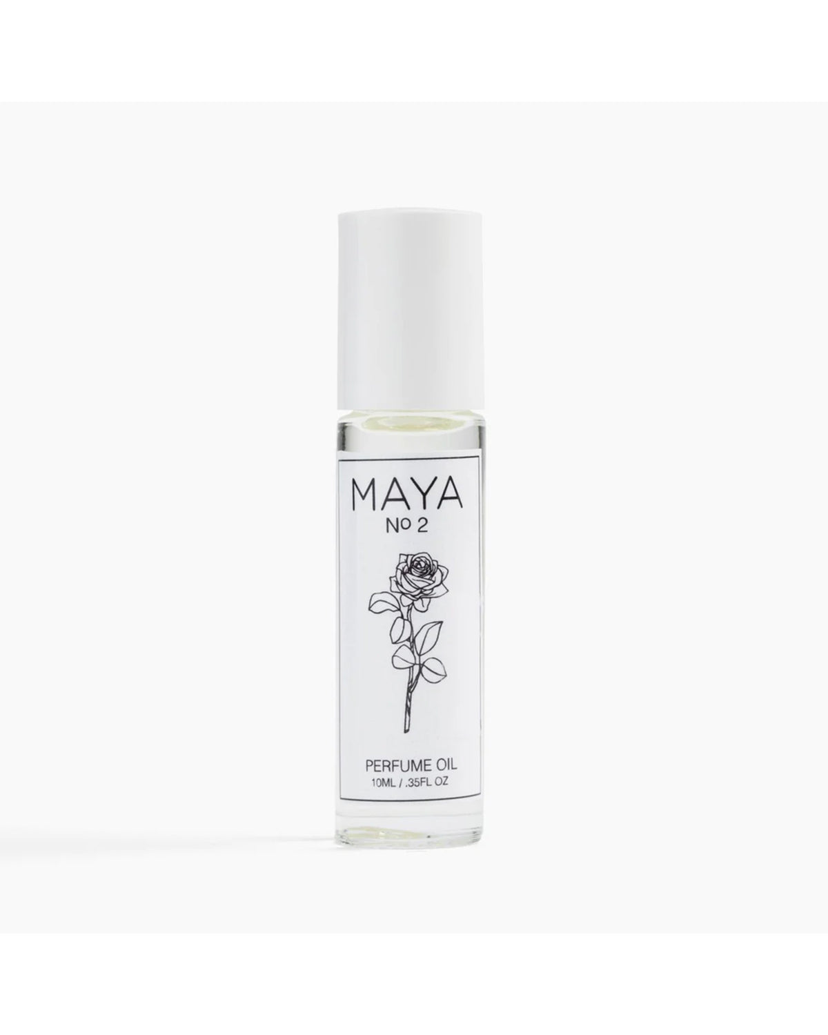 A 10ml clear glass bottle of MAYA NO.2 by Maya Fragrances, topped with a white cap and featuring a simple black rose line art on the label, sits against a plain white background.