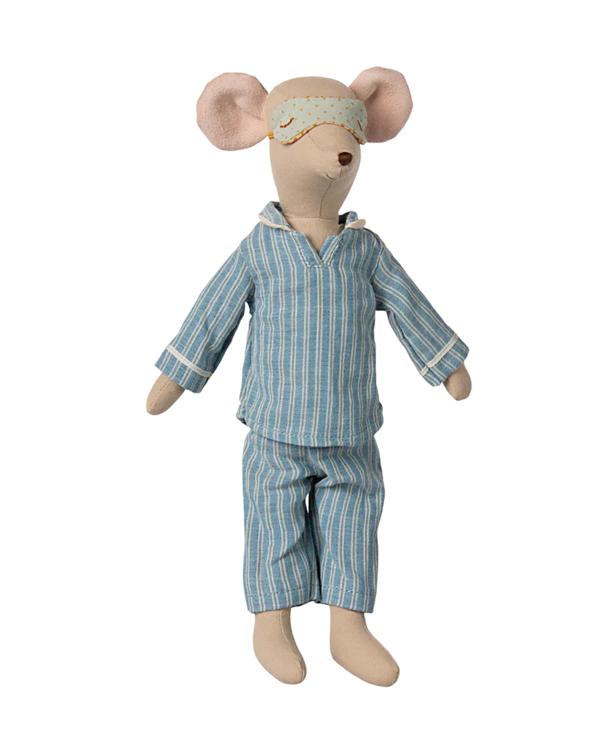 The Maileg Medium Mouse, Pyjamas by Maileg features a cuddly plush mouse in blue and white striped pajamas with a dotted sleep mask, standing upright—ideal as a bedtime companion.