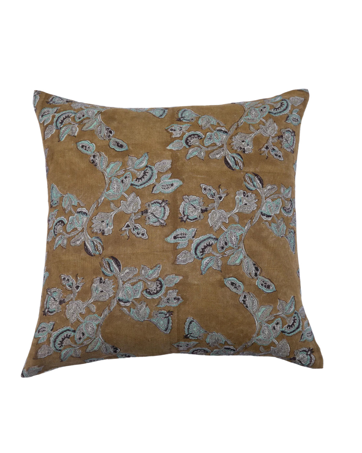 The Meera Cardamom Pillow 24x24 by Filling Spaces LLC features a brown background with detailed floral embroidery in light blue, white, and dark brown linen, adding an elegant touch to any space.