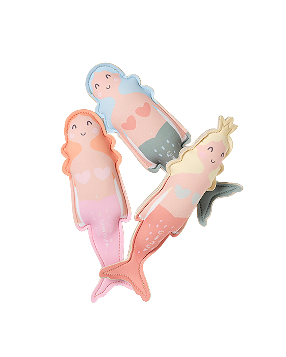 The Faire Dive Buddies Melody the Mermaid Multi Set of 3 features pastel plush mermaids with smiling faces and colored tails—perfect for water play—shown overlapping on a white background.