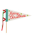 Merry Christmas felt pennant flag in off-white with red lettering, green gingham trim, and ribbons by Bungalow.