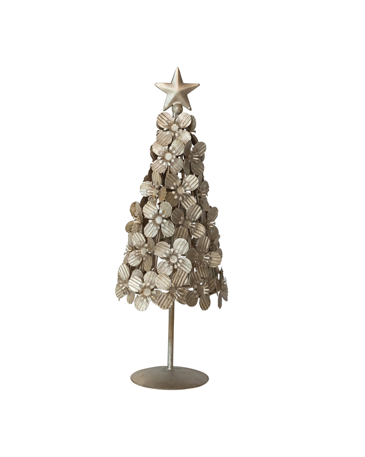 Antique silver metal Christmas tree by Creative Co-op, featuring layered corrugated flowers and a star topper.