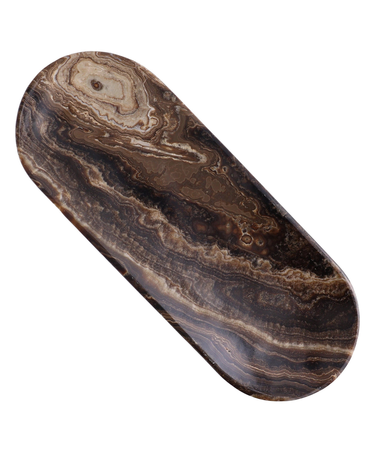 Oval brown marble accent dish with swirling pattern by Faire, Chocolate Onyx, handcrafted in Mexico.