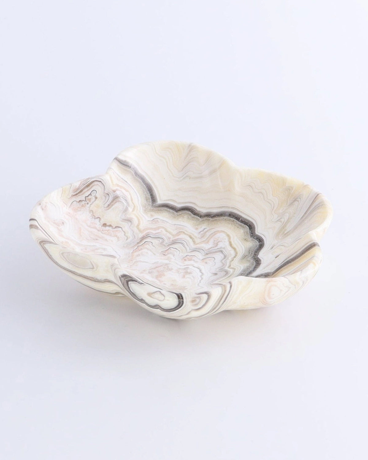 Yellow and white onyx bowl with wavy edge, marbled cream and gray, Faire, decorative accent for living room or dining.