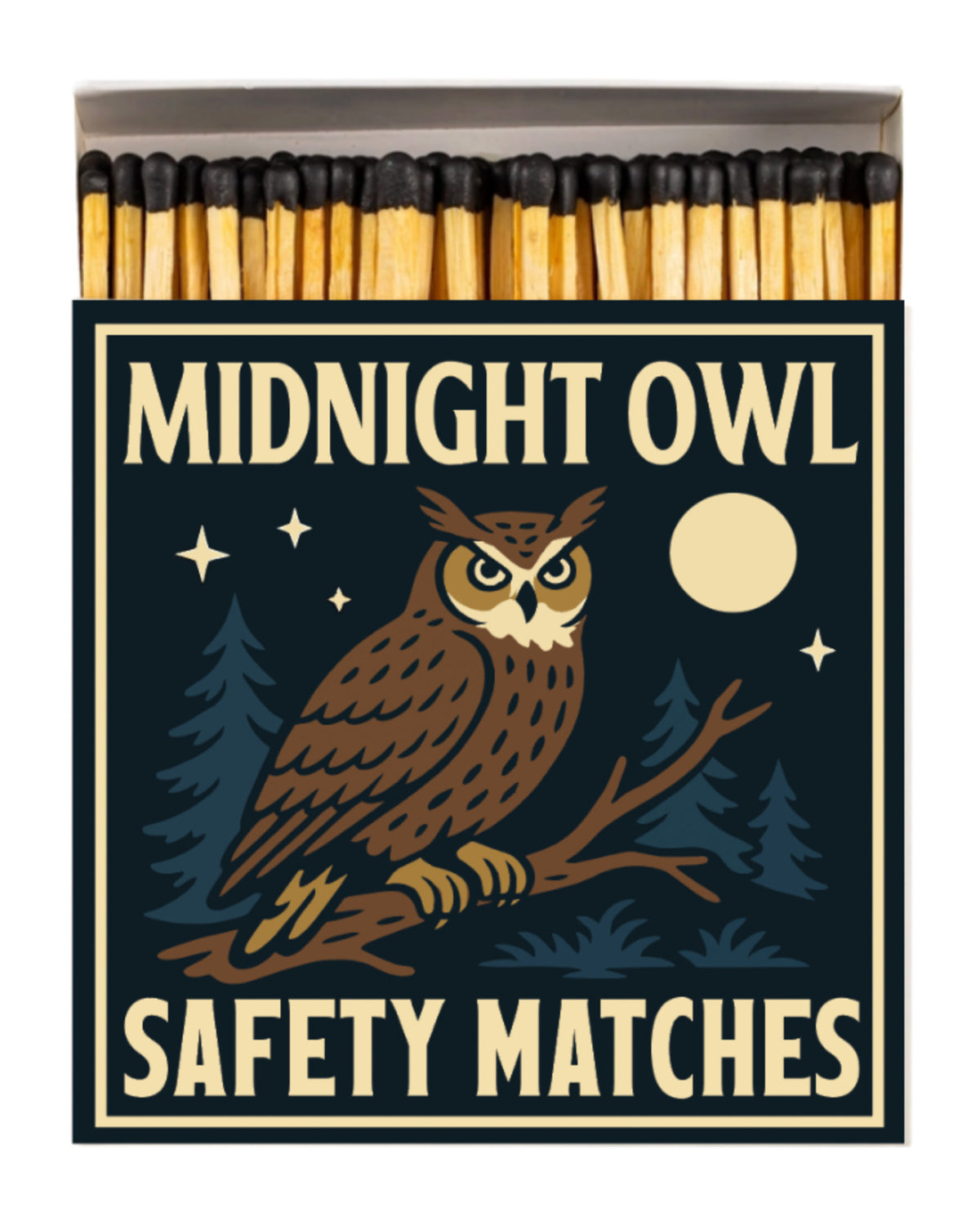 Midnight Owl Safety Matches by Faire, featuring an owl on a branch under the moon amid trees.