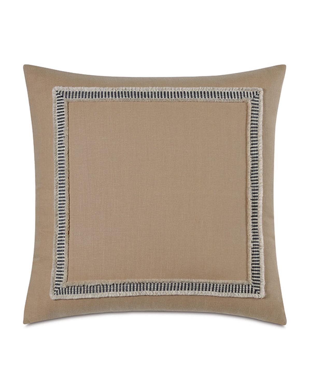 The Midori Linen pillow by Eastern Accents is a square beige accent featuring a black and white striped border with fringe, ideal as an accent piece or Euro sham.