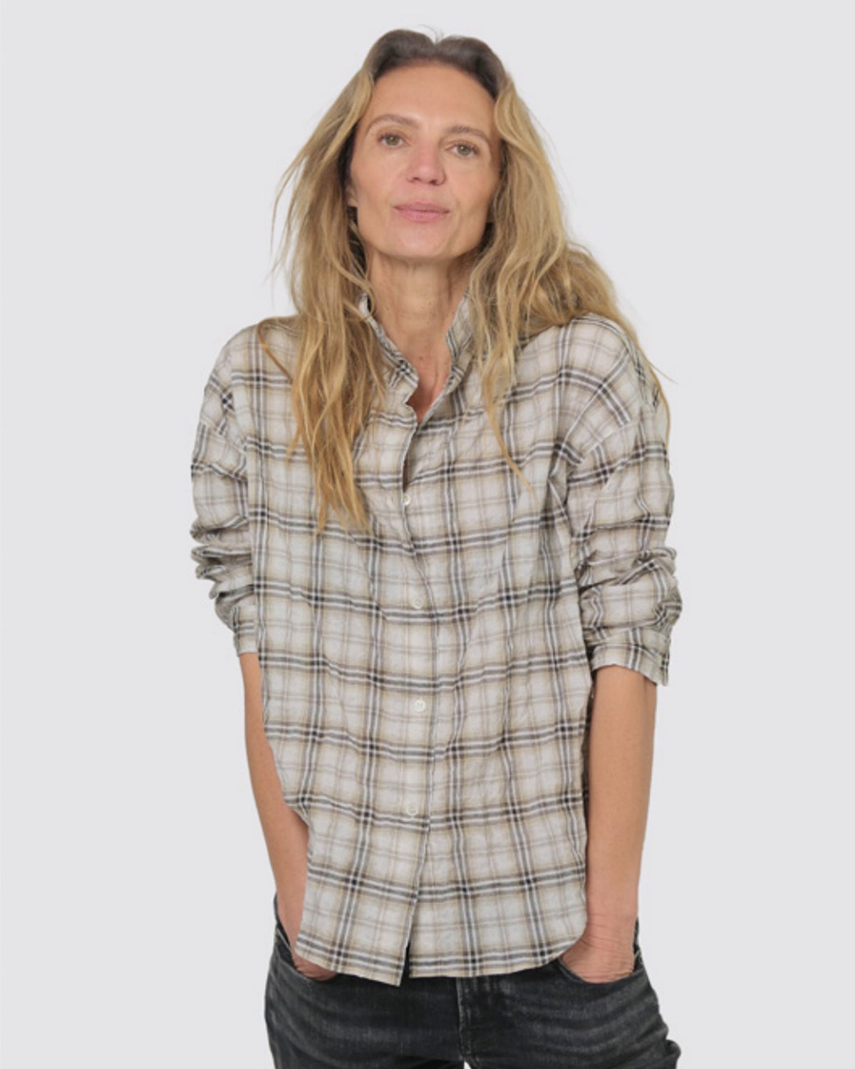 Monday12 Miles Shirt in beige and black plaid Japanese cotton worn with dark jeans.