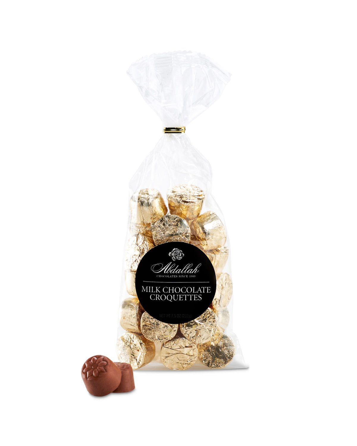 Milk chocolate croquettes in gold foil with two unwrapped pieces, Abdallah 7.5 oz bag, confectionery gift.