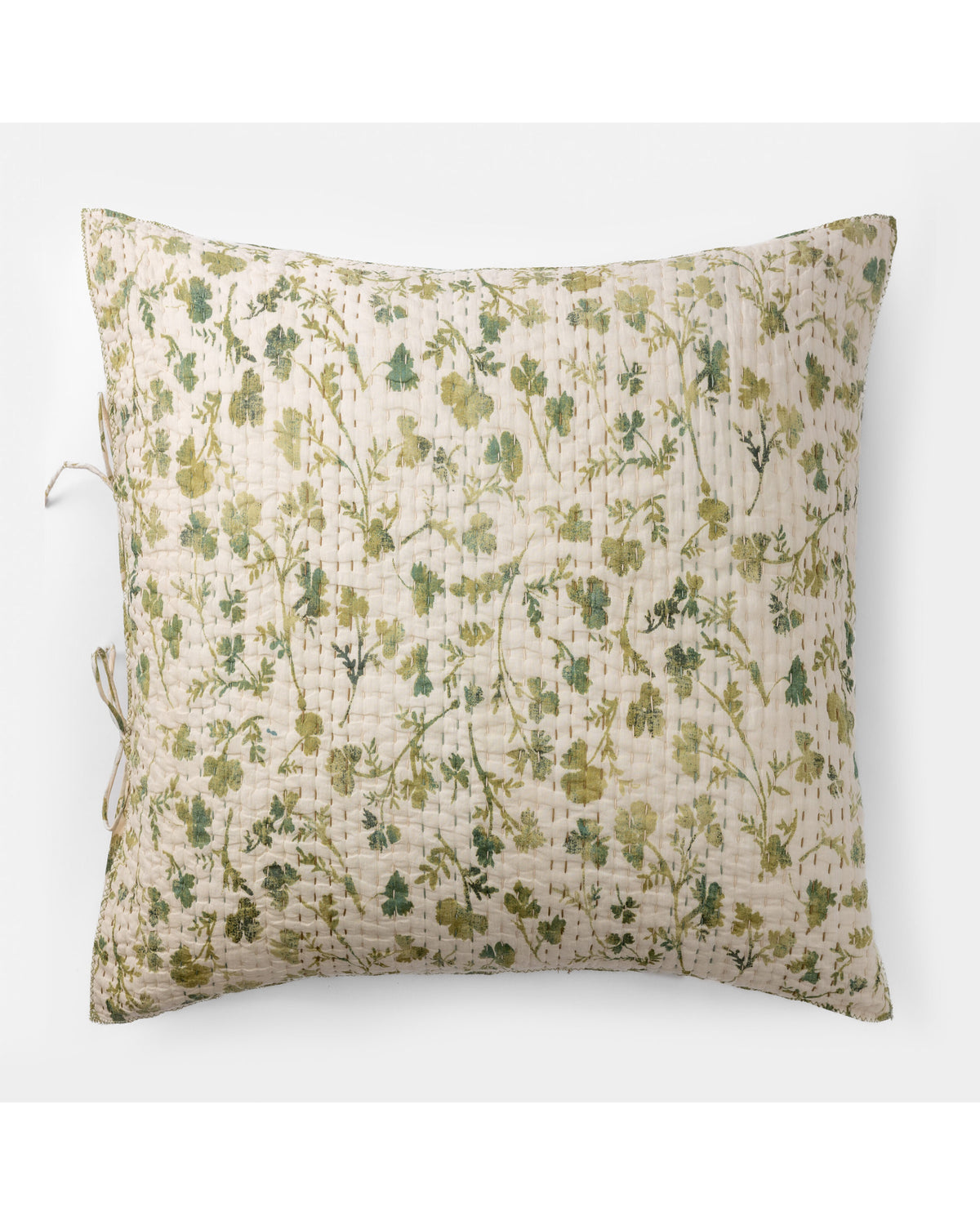 The Millie Euro Sham by Amity Home features a quilted rectangular design with a green and beige floral pattern on cotton voile and a solar print-inspired foliage motif on a light background.