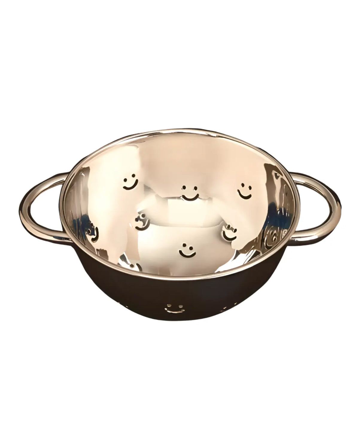 Mini Berry Happy Bowl stainless steel colander with two side handles and engraved smiling faces by Bungalow.