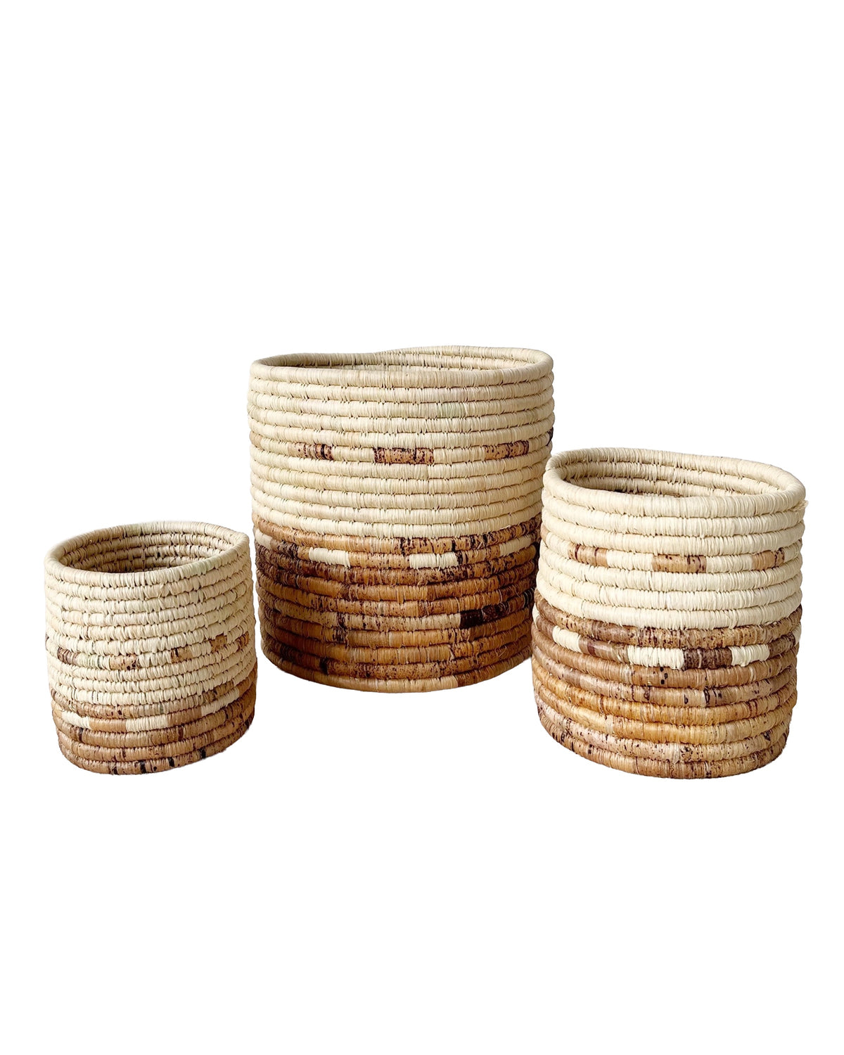 Mkongo plant baskets in beige and brown by Three Faire, handmade in assorted sizes, rustic accent for home décor.