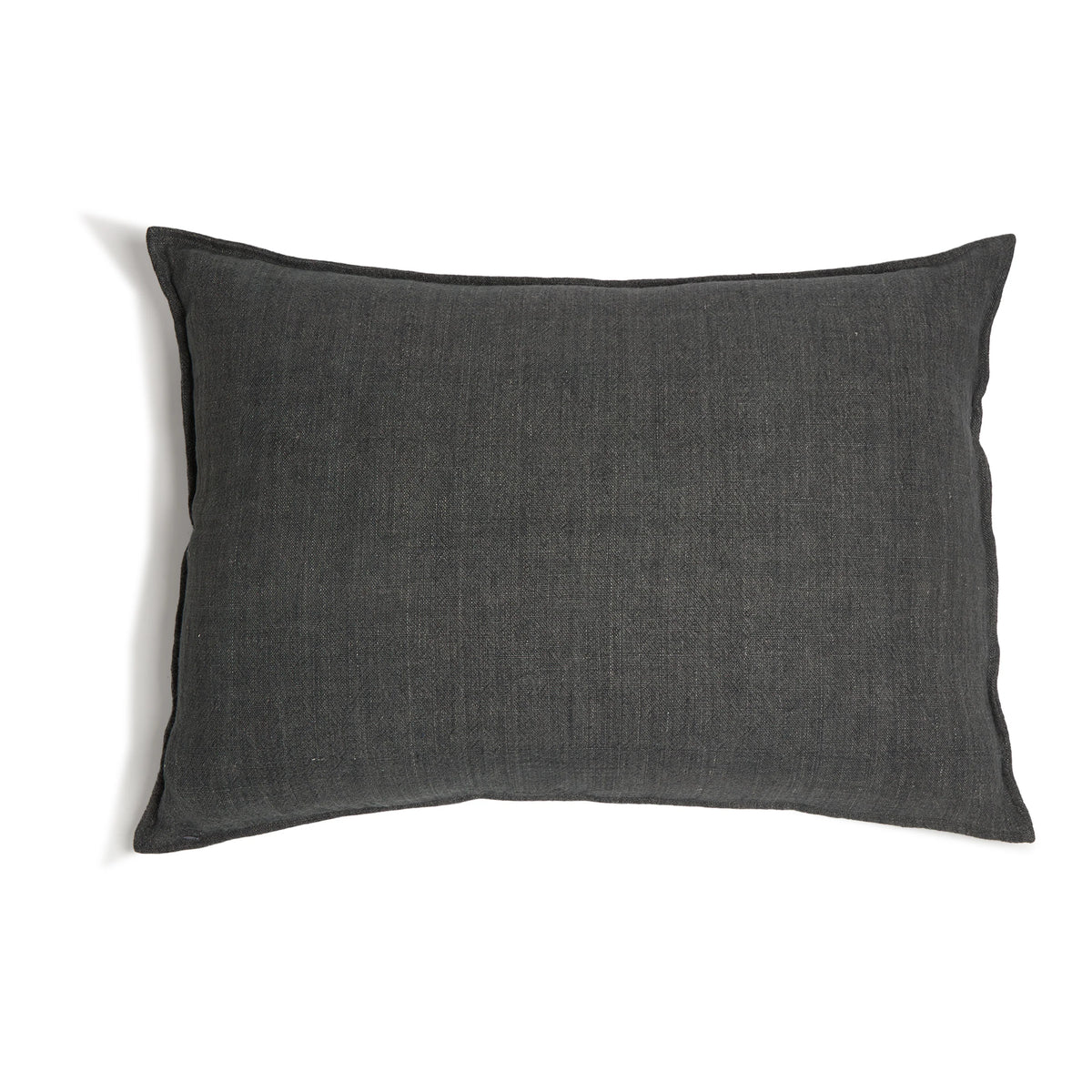 The Montauk Big Pillow 28x36 by POM POM is a rectangular, dark gray pillow with smooth fabric and hidden zipper closures, displayed against a white background.