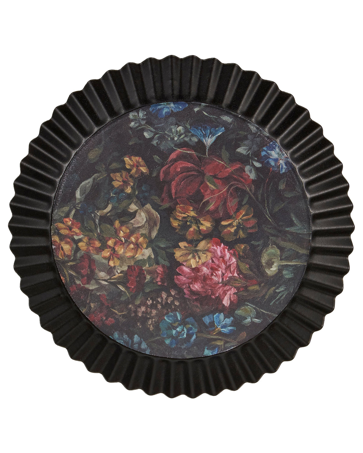 Round black fluted vanity tray with vibrant floral design by Faire, perfect for adding color to your bathroom or bedroom.