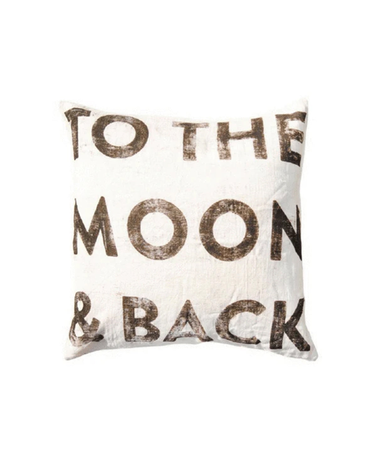 The To The Moon Pillow by Sugarboo Designs is a square, stonewashed linen throw in off-white with bold distressed black text: "TO THE MOON & BACK." Its cozy, rustic look makes it a heartfelt gift for someone special.