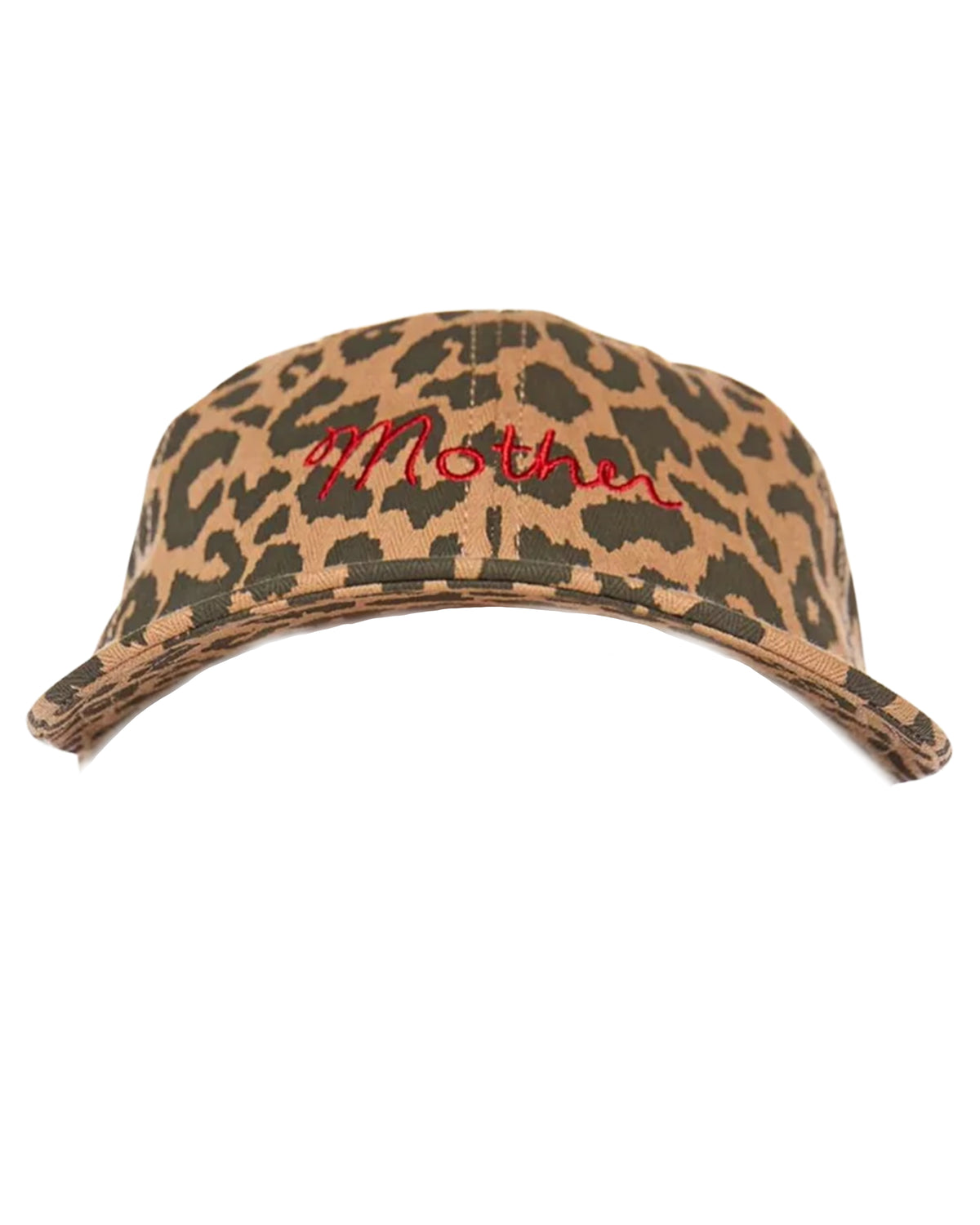 The Hats Off by Mother: a brown and green leopard print dad hat with a bold red embroidered "Mother" script logo across the front.