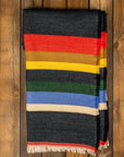 The Faire Multicolor Cabin Stripe Throw Blanket features horizontal red, yellow, green, blue, and cream stripes on a dark background with fringe—ideal as a cozy cabin throw or to add rustic decor to any space.