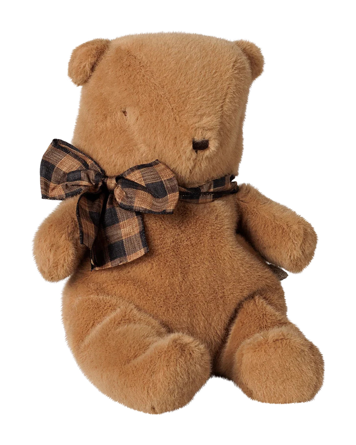 Small brown plush teddy bear with a brown and black checkered ribbon by Maileg.