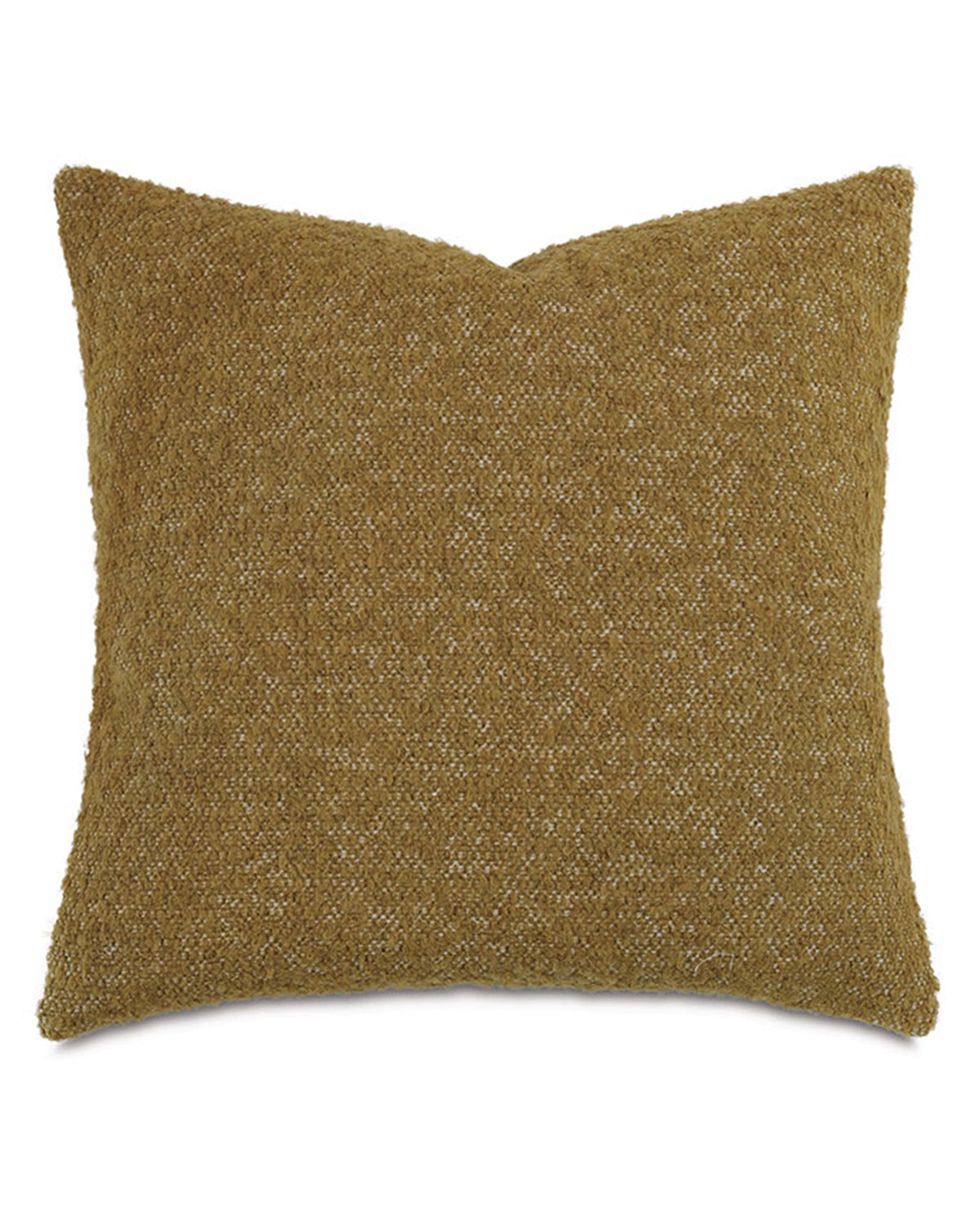 The Marl Mustard Pillow by Eastern Accents features a square shape, textured woven alpaca wool in muted mustard yellow, a plain white background, and an invisible zipper closure.