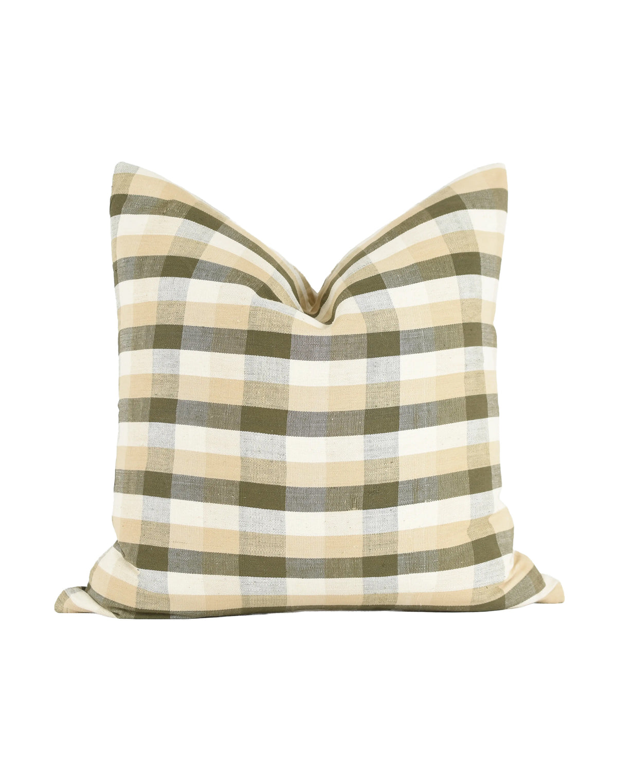 The Faire Myrtle Pillow 22x22 features a handwoven cotton cover with a beige, olive green, and white checkered pattern. Displayed on a white background, the soft square pillow shows a gentle center crease.