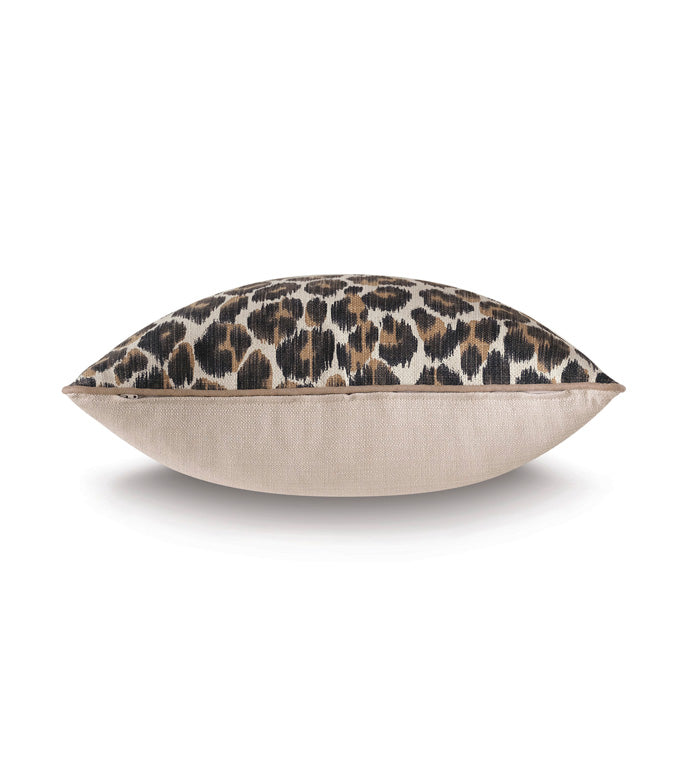 The Bagira Spot with Small Welt by Eastern Accents is a rectangular leopard accent pillow featuring a bold animal print on top, solid beige fabric underneath, and elegant welt detail—a chic neutral for any space.