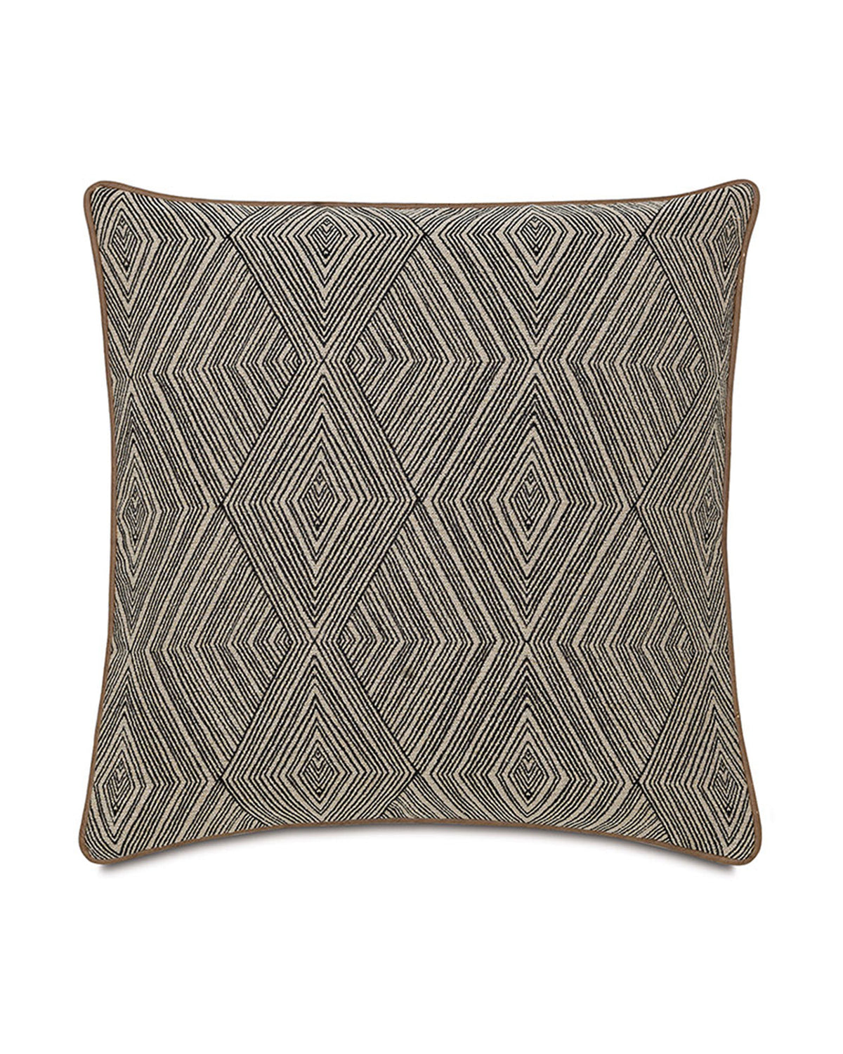 Naya Small Welts Pillow 24x24 in black and white geometric diamond pattern with brown piping from Bungalow Furniture.