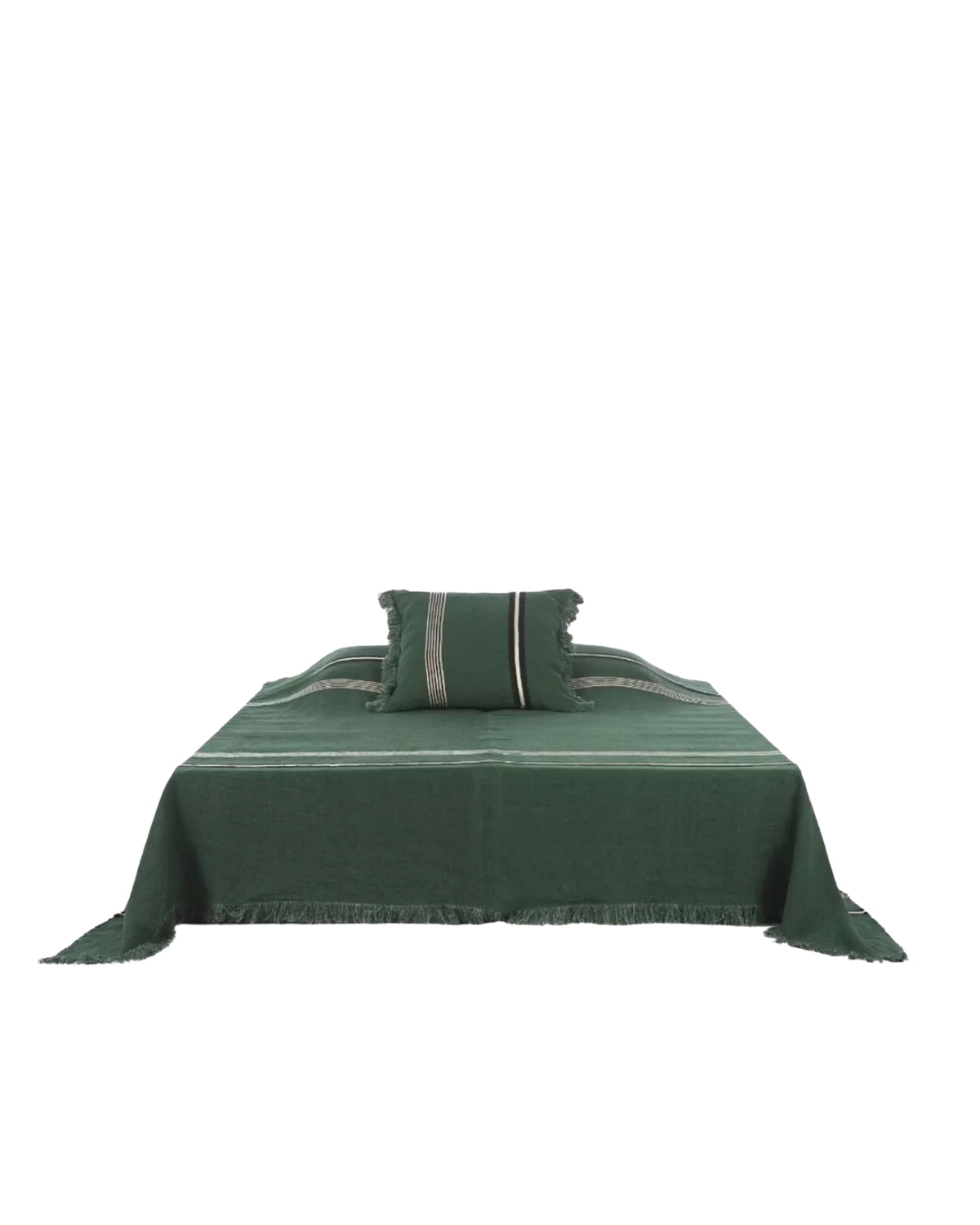 Dark green Belgian linen coverlet with light stripes by Libeco Home, minimalist bedding for bedroom decor.